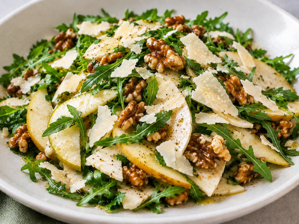 Insalata di topinambur, rucola, pere e noci