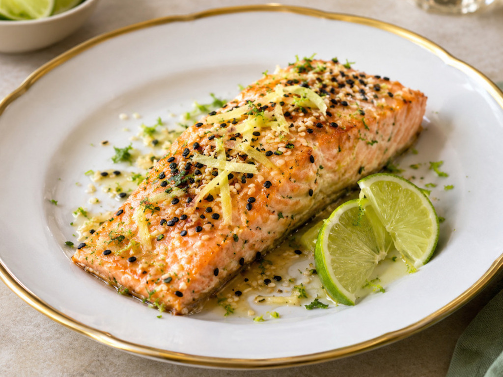 Salmone allo zenzero, lime e sesamo