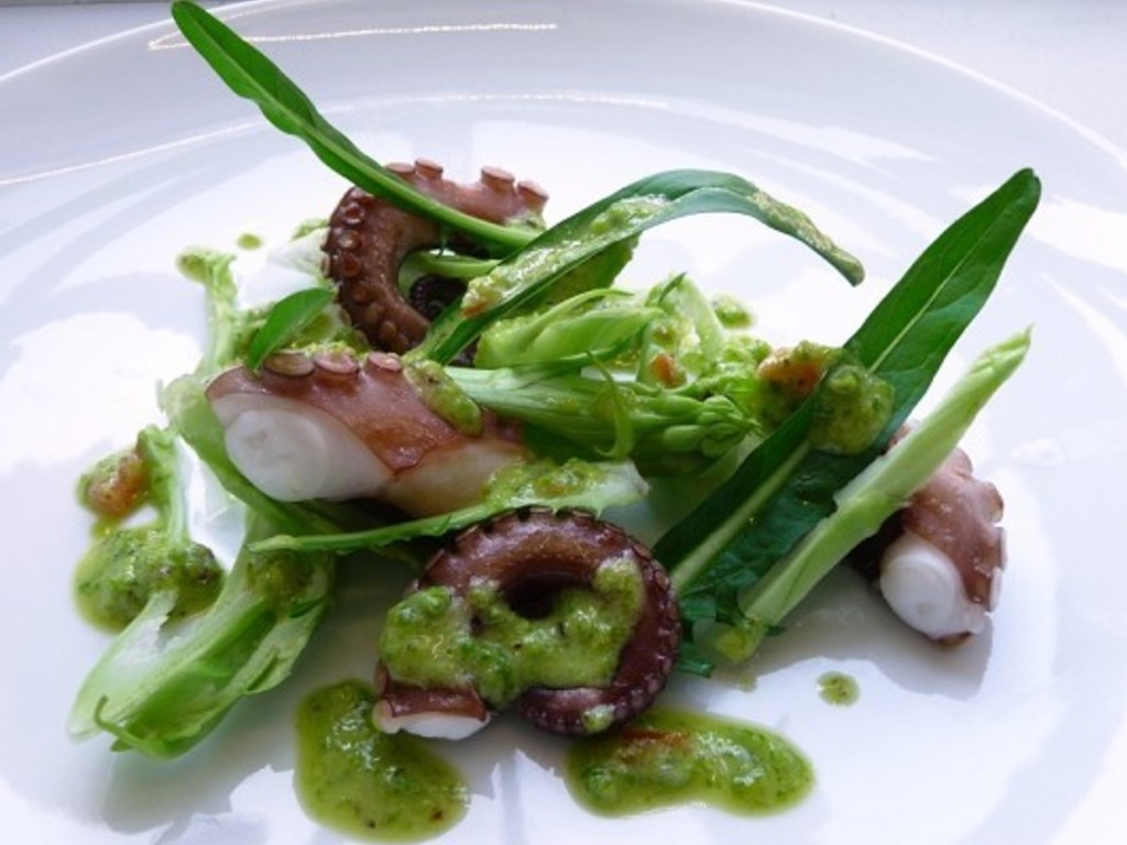 Polpo al vapore, pesto di pistacchi americani e puntarelle