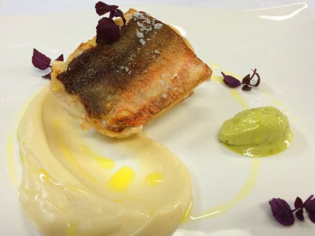 Gallinella di mare al forno con purè di sedano rapa e salsa di pistacchi