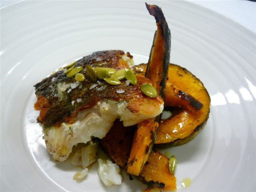 Merluzzo alla piastra con zucca arrostita