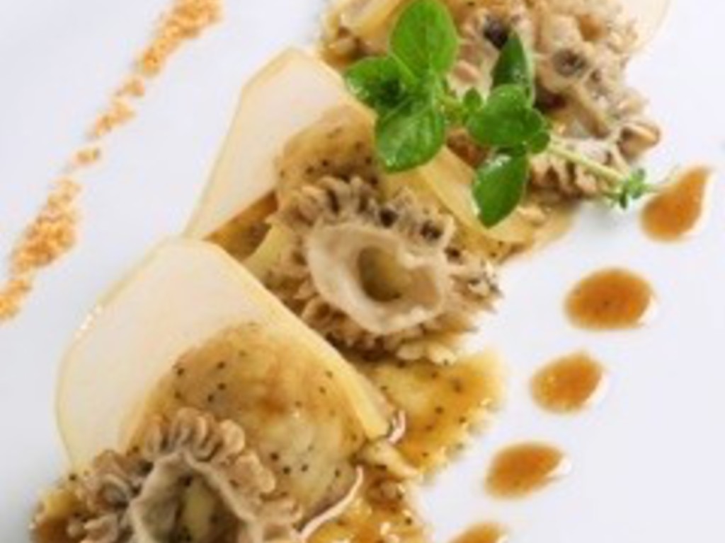 Fazzolettini  di gallina faraona  con le spugnole e crescione di fonte
