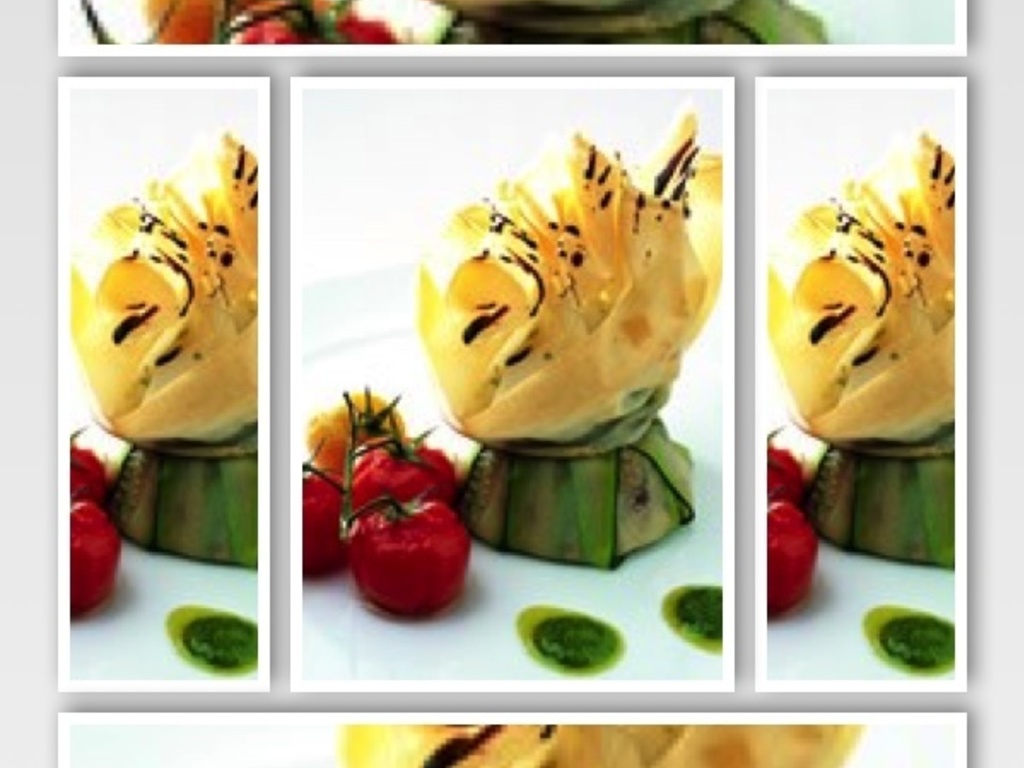 Parmigiana di zucchine con croccante di caprino e Pachino in agrodolce