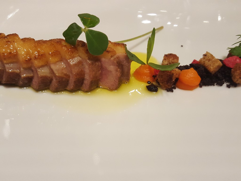 Petto d'anatra, carote, lampone liofilizzato e Ulidea