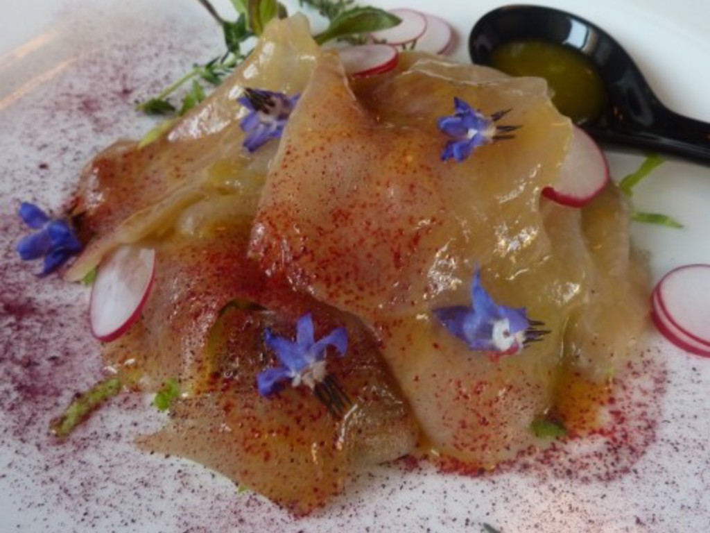 Trota gravlax, insalatina tenera, emulsione di olio umbro e miele di carota selvatica