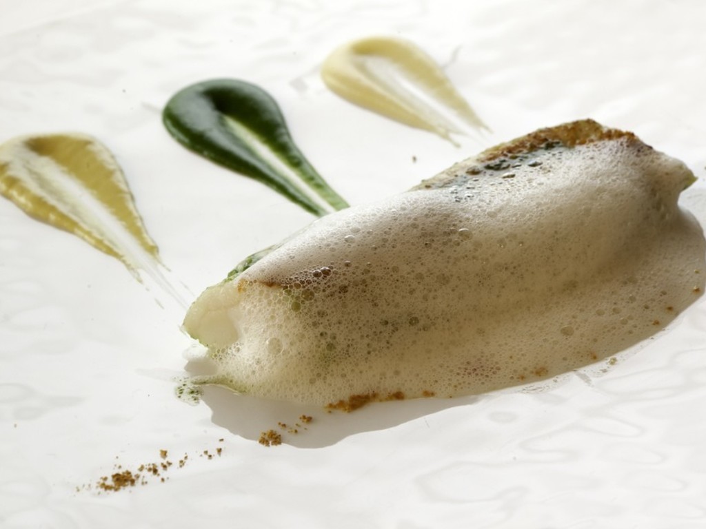Sogliola, porro, polvere di agrumi e cioccolato bianco