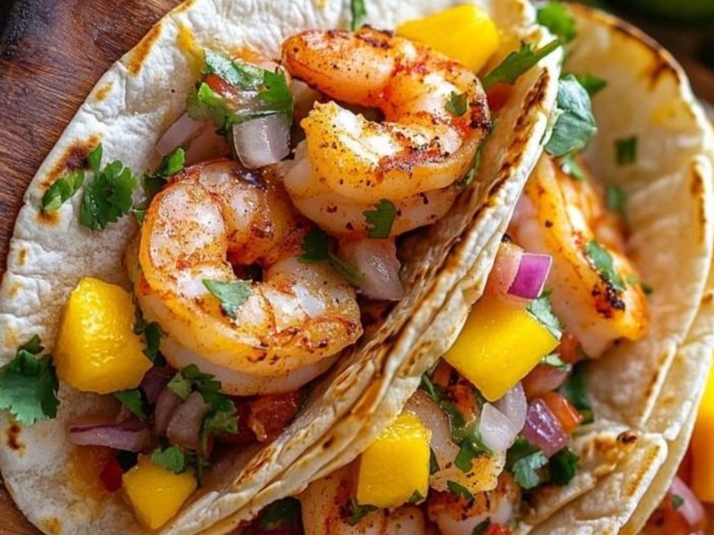 Tacos con mango, gamberi e yogurt